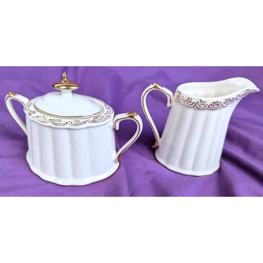 Olympia Creamer & Sugar Bowl With Lid Set White With gold trim Ribbed Oval NIB